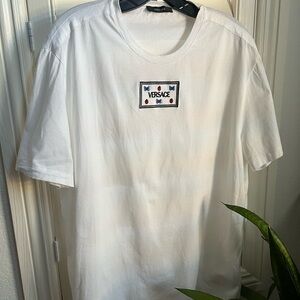 Versace White Crewneck T-Shirt with Multicolor Logo Patch